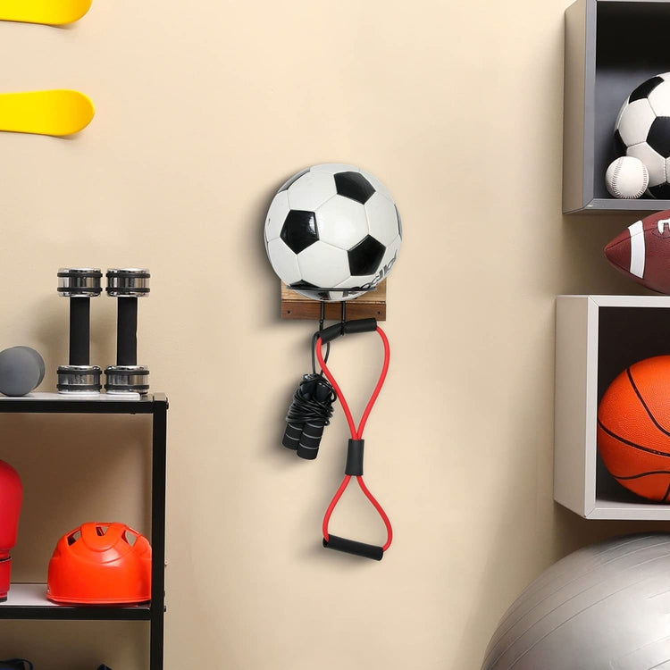 Wall Mounted Sports Storage Rack, Burnt Wood and Round Black Metal Ball Holder with Hanging Hooks-MyGift