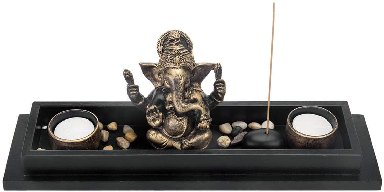 Ganesh Statue Incense Stick Burner Tray with Candle Holders-MyGift