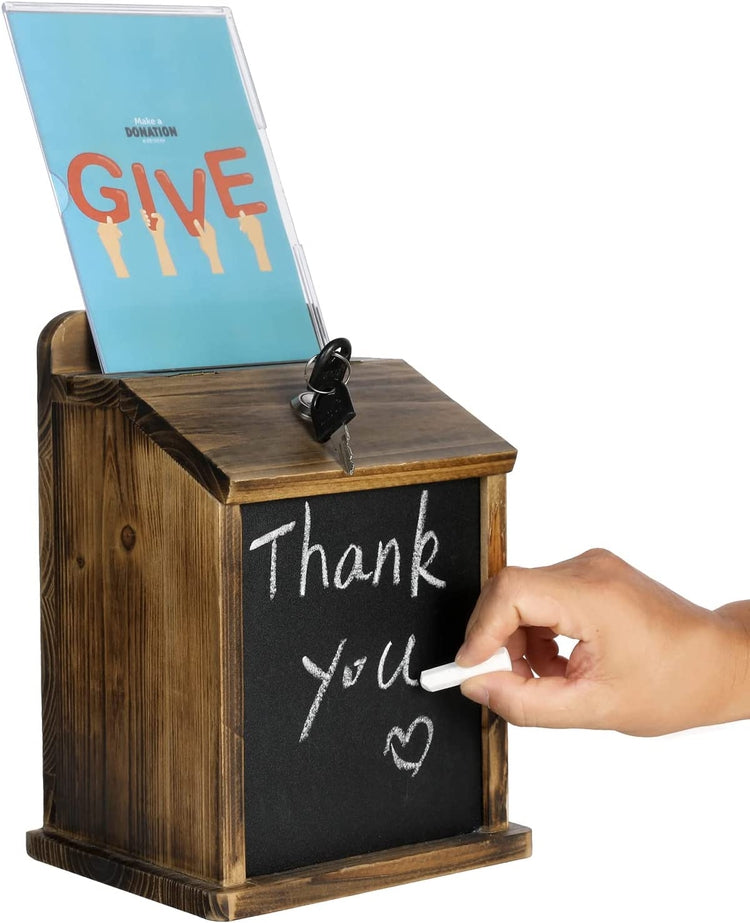 Burnt Wood Wall Mountable Tip Box, Donation Bin, Locking Comment Ballot Box, Clear Acrylic Sign and Chalkboard, Set of 2-MyGift