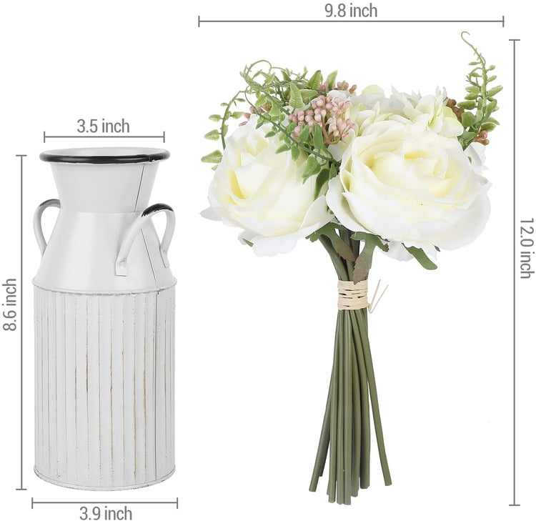 Artificial White Rose Fake Flowers Bouquet with Farmhouse Vintage White Metal Milk Jug Vase-MyGift