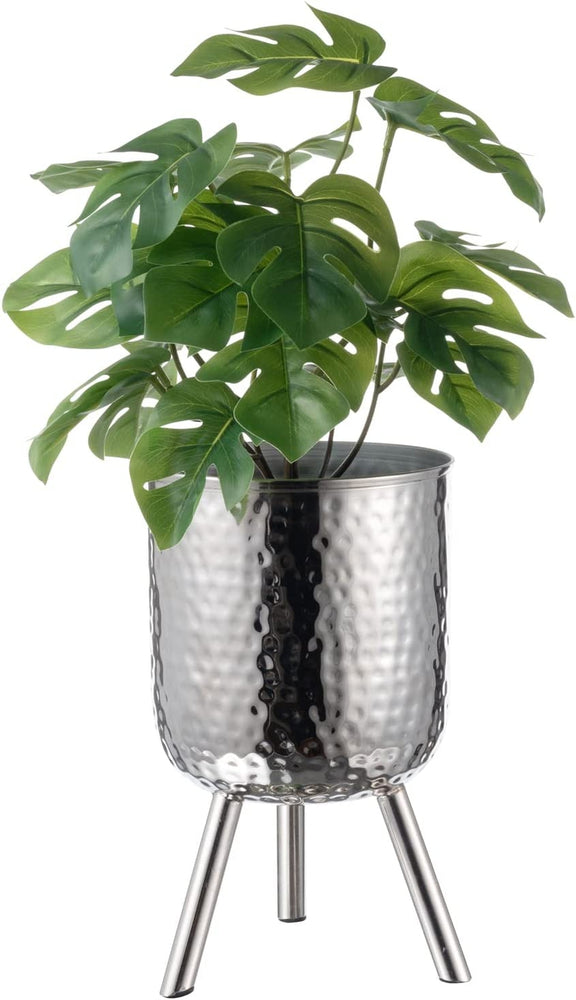 10 Inch Tall Raised Planter Pot, Metallic Silver Tone Hammered Style Plant Container with Tripod Riser Legs-MyGift