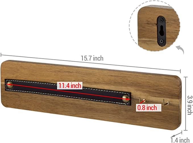 Acacia Wood Wall Mounted Sunglasses Display with Leatherette Strap Eyewear Hanging Rail and 2 Brass Metal Hooks-MyGift