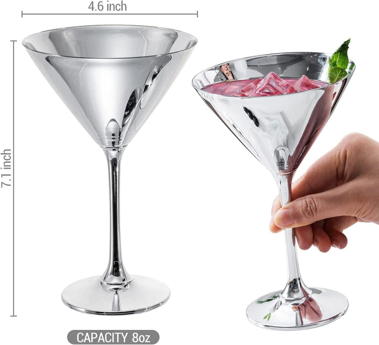 Set of 2, Silver Tone Martini Glasses, Elegant Metallic Plated Drinking Glass for Cocktail Party, Festive Special Event-MyGift