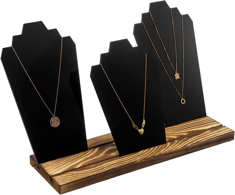 Black Acrylic Multi Necklace Holder w/ Burnt Solid Wood Base, Jewelry Stand-MyGift