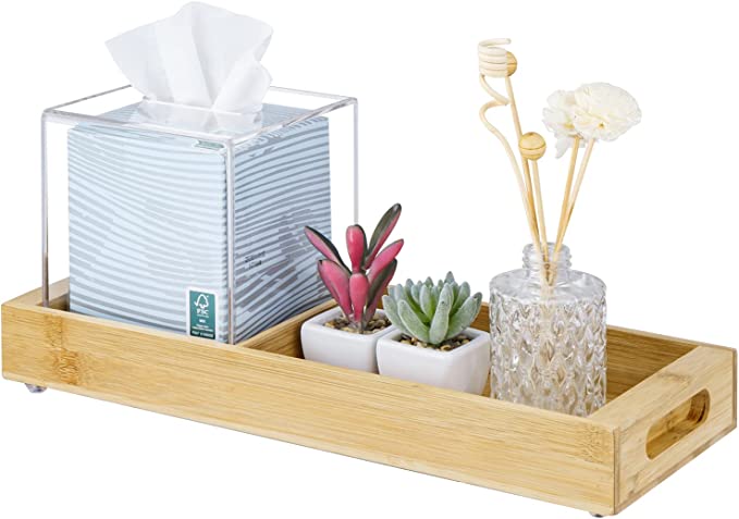 Bamboo Vanity Toilet Tank Display Storage Tray with Clear Acrylic Square Tissue Box Cover and Cutout Handles-MyGift