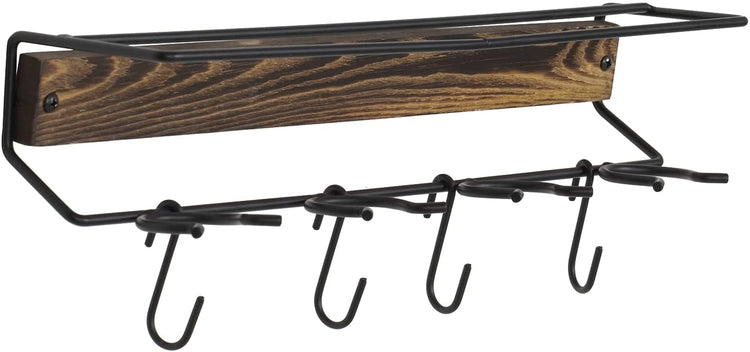 Burnt Wood, Black Metal Baseball Softball Equipment Rack, Bats and Balls Storage Holder, Hooks for Caps, Mitts, Gloves-MyGift