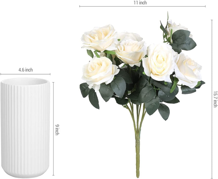 Artificial White Roses with Stem Fake Flowers Bouquet and White Ceramic Vase with Vertical Ribbed Embossed Pattern-MyGift