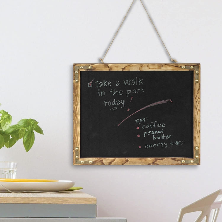 Wall Mounted Burnt Wood Framed Chalkboard with Hanging Rope, Decorative Chalk Message Board with Metal Corner Brackets-MyGift