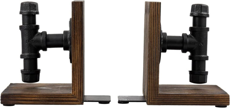 Set of 2, Burnt Wood Decorative Bookends with Industrial Black Metal Pipe Design, L Shaped Bookends-MyGift