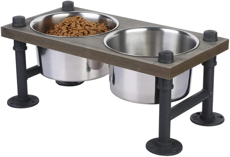 Weathered Gray Wood Raised Dog Bowls for Medium Dogs, Pet Feeder Station with 2 Stainless Steel Bowls-MyGift