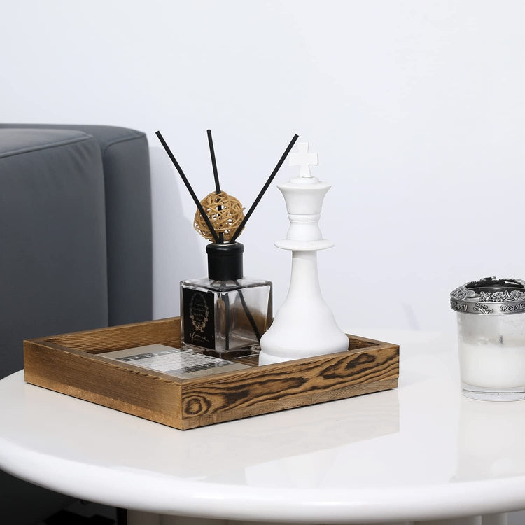 Burnt Wood Square Serving Tray with Handles, 10-Inch Wooden Ottoman, Coffee Table, Centerpiece Tray-MyGift
