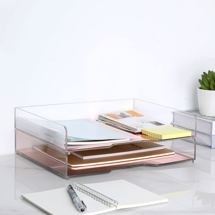 Set of 2, Rose Gold and Clear Acrylic Stacking Desktop Document Letter Trays, File Folder Storage Organizers-MyGift
