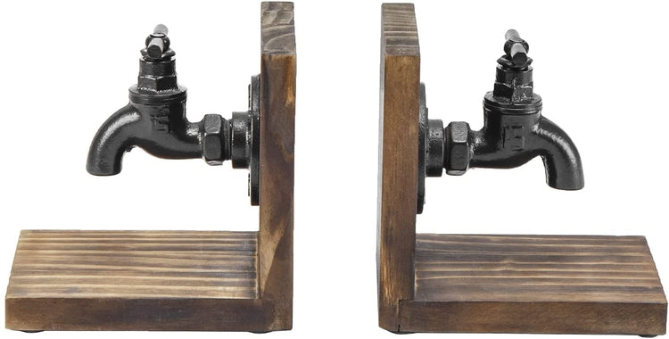 Industrial Style Decorative Bookends for Heavy Books with Cast Iron Faucet Spigot Design and Burnt Wood-MyGift