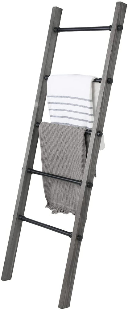 5-ft Blanket Ladder, Wall-Leaning Decorative Storage Ladder with Weathered Gray Wood and Industrial Metal Pipe Rungs-MyGift