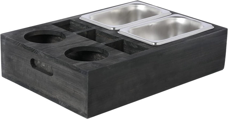 Weathered Gray Wood Sofa Snack Caddy, All-One Serving Crate Tray with 2 Cup Holders and 3 Remote Control Slots-MyGift
