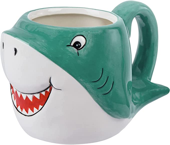 Blue Ceramic Baby Shark Shaped Mug with Handle and Cartoon Smiling Shark Design, Novelty Gift Mugs-MyGift