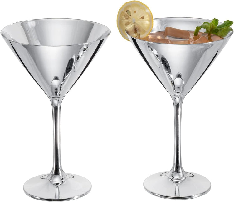 Set of 2, Silver Tone Martini Glasses, Elegant Metallic Plated Drinking Glass for Cocktail Party, Festive Special Event-MyGift