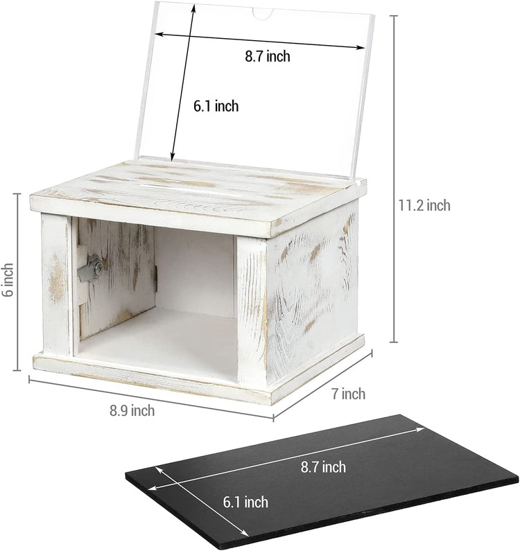 Whitewashed Wood Lockable Donations Box, Suggestion Box with Removable Chalkboard and Acrylic Sign Holder-MyGift