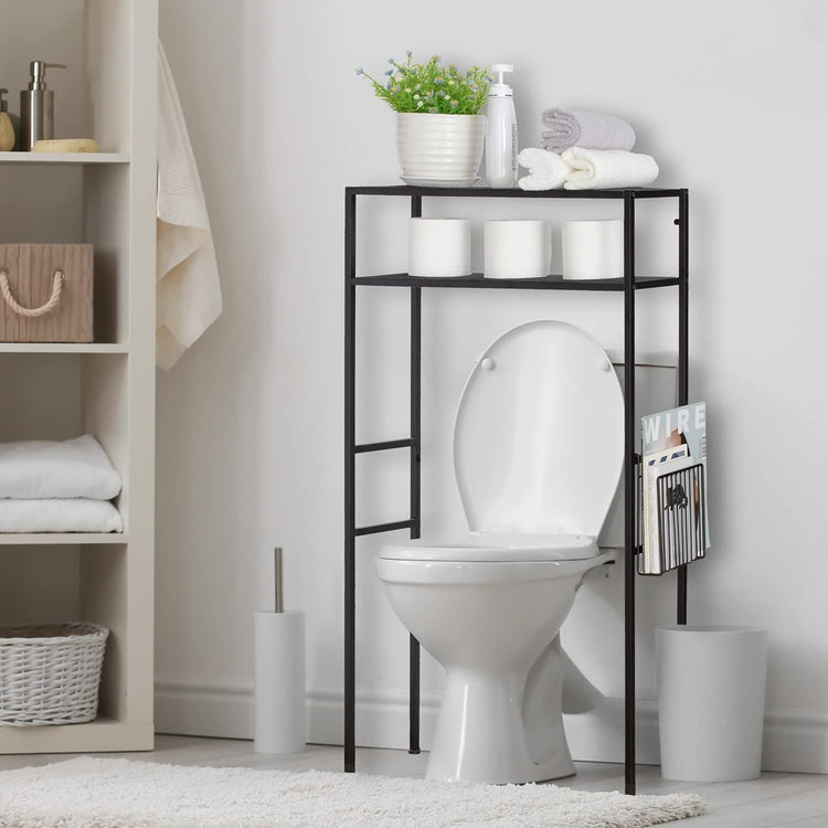 2-Tier Freestanding Matte Black Metal Over-the-Toilet Storage Rack with Magazine Holder Basket-MyGift