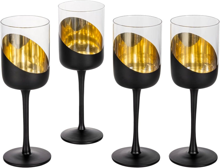 Set of 4, 14 oz Tilted Matte Black and Gold Tone Plated Round Stemmed Wine Goblet Glasses, Angled Dipped Stemware-MyGift