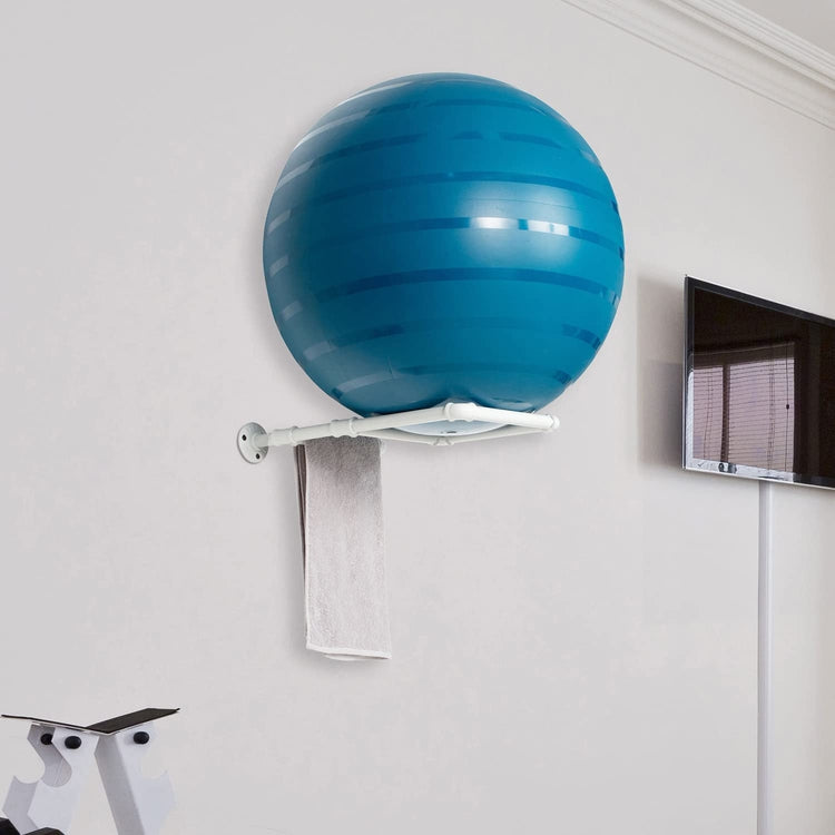 Wall Mounted White Metal Pipe Exercise Ball Holder, Yoga Ball and Stability Ball Rack Home Gym and Studios-MyGift