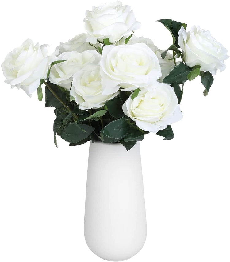 Artificial White Rose Bouquet Arrangement with Vase, Centerpiece Faux Flowers with Matte Ceramic Vase-MyGift