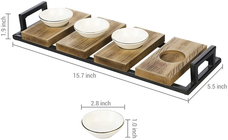 Burnt Wood, Black Metal Kitchen Sauce Tray with Handles White Ceramic Gold Rimmed Bowls for Dips, Sauces or Appetizers-MyGift