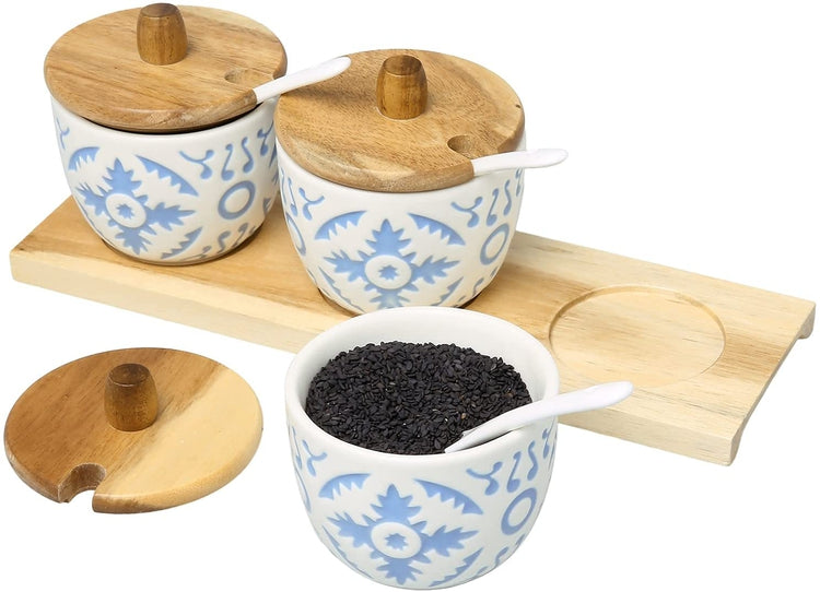 Ceramic White and Blue Spice Seasoning Storage Jars, Condiment Pots with Serving Spoons and Acacia Wood Tray-MyGift