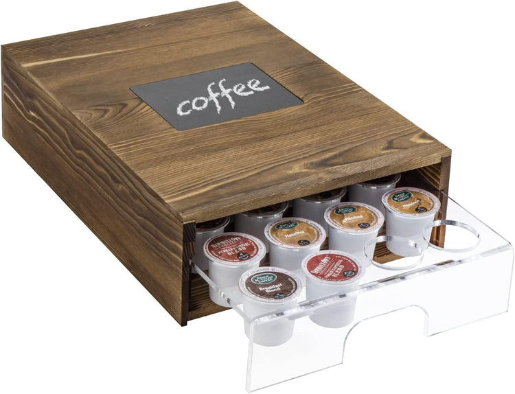 Rustic Burnt Wood Coffee Pod Holder with Clear Acrylic Pull Out Tray and Chalkboard Label Sign-MyGift