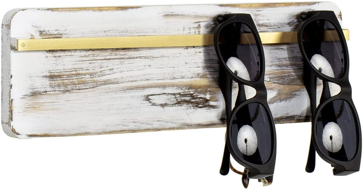 Whitewashed Wood Wall Mounted Sunglasses Holder Display Organizer Rack with Brass Tone Metal Storage Rail-MyGift