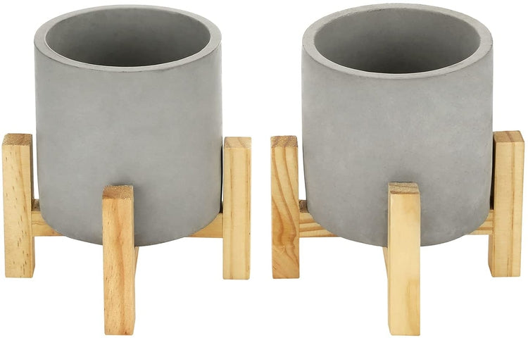 Set of 2, Mini Gray Round Cement Planter with Natural Wood Tabletop Display Stand-MyGift