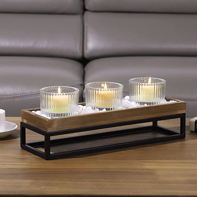 Burnt Wood & Black Metal Tabletop Candle Holder Set Includes Ribbed Clear Tealight Cups & White Stone Filler-MyGift