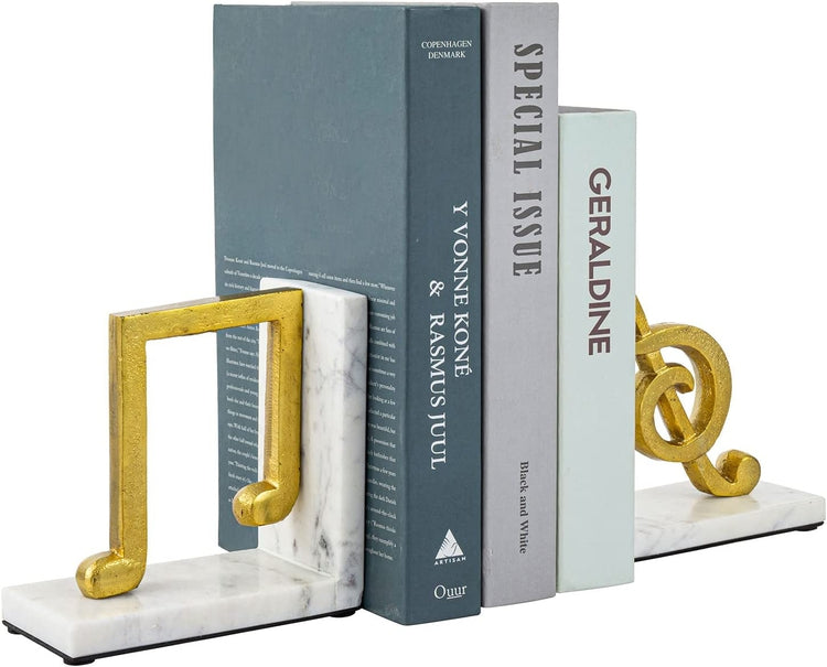Tabletop Bookends, White Marble L-Shaped Desktop Book Holders with Brass Tone Aluminum Sculpted Musical Notes-MyGift