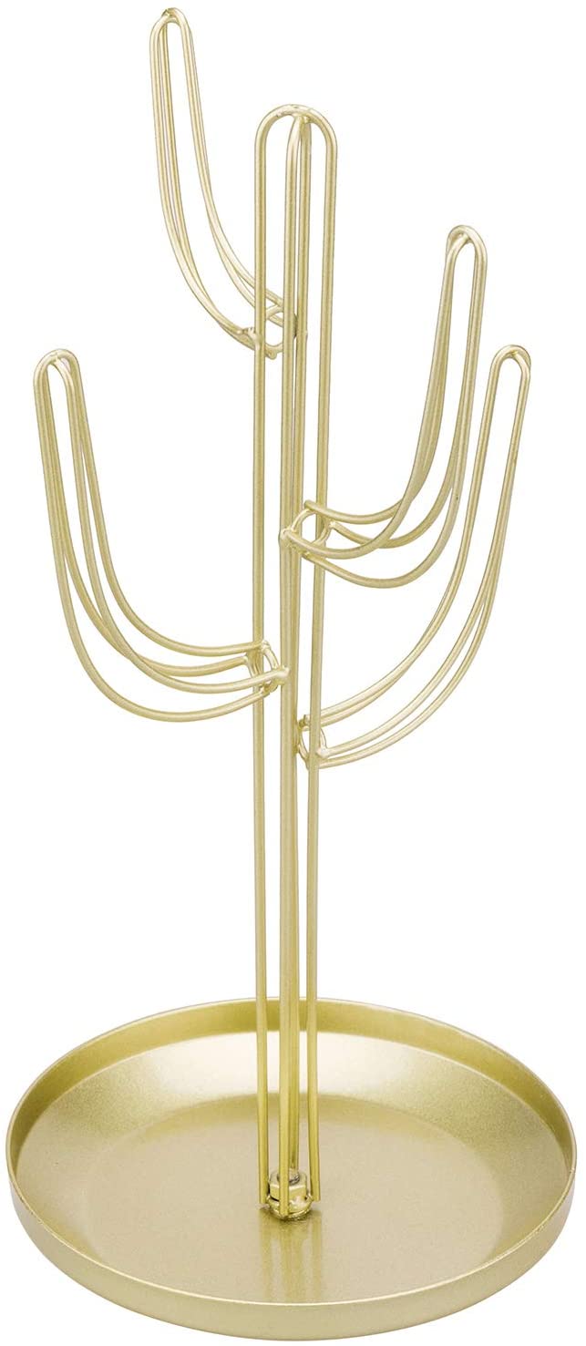 Gold Metal Jewelry Tower Rack with Ring Tray, Cactus-Shaped Jewelry Storage Holder Stand-MyGift