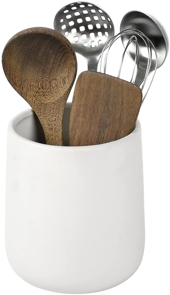 White Ceramic Utensil Holder, Utensil Crock Kitchen Organizer, Countertop Cooking Tools Holder with Rounded Base-MyGift