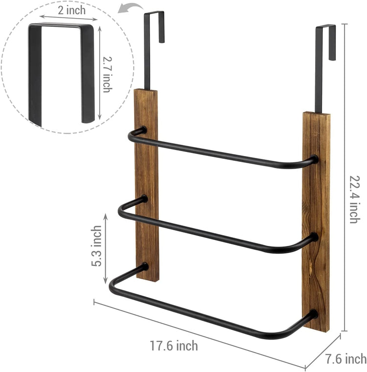 3 Tier Hanging Towel Bar, Bathroom Wood and Matte Black Metal Over The Door Towel Rack-MyGift