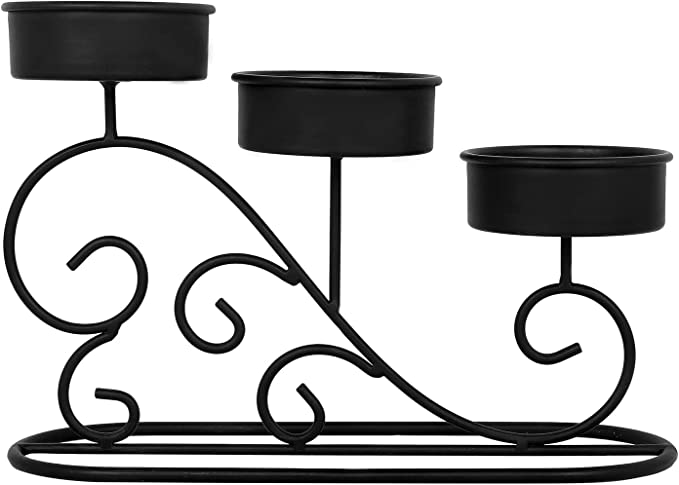 Tabletop Tiered Candelabra, Matte Black Metal Pillar Candle Holder with Vintage Scrollwork Design-MyGift