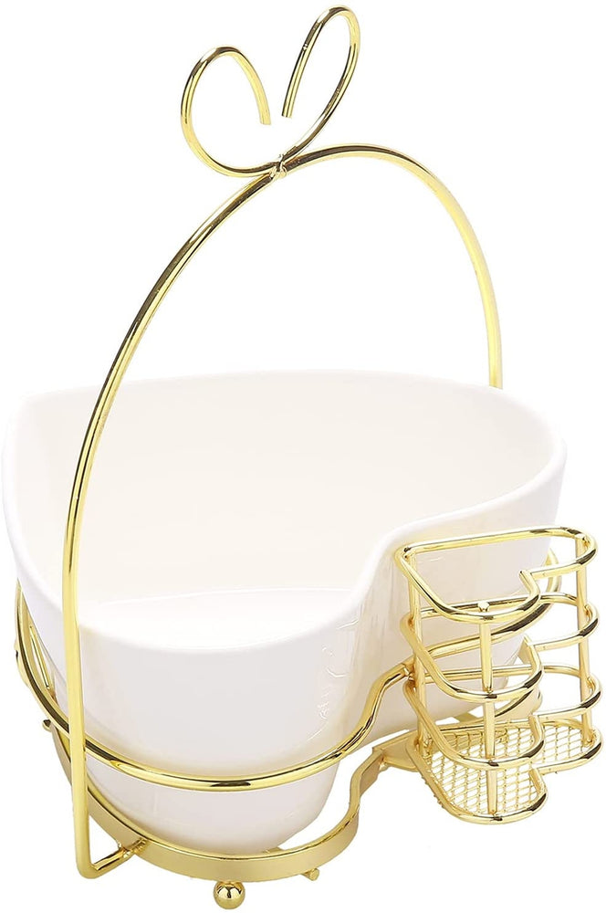 White Heart Ceramic Serving Dish, Appetizer Fruit Bowl with Gold Tone Metal Forks and Stand-MyGift