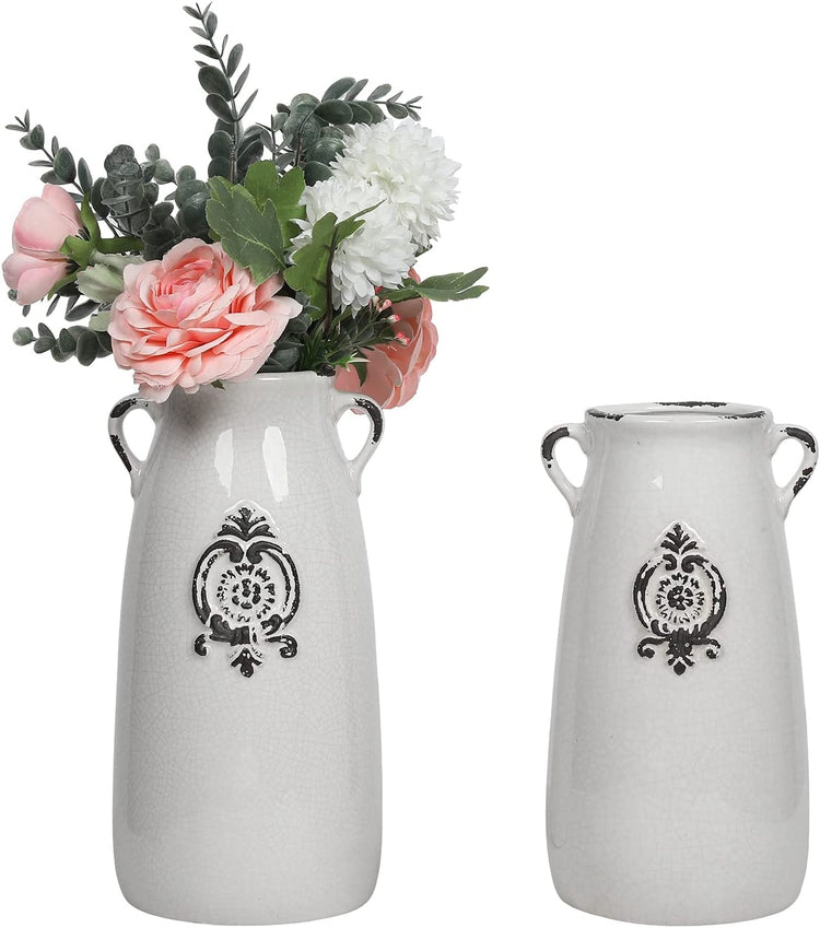 Set of 2, White Ceramic Flower Vase, Antique Farmhouse Milk Jug Décor-MyGift