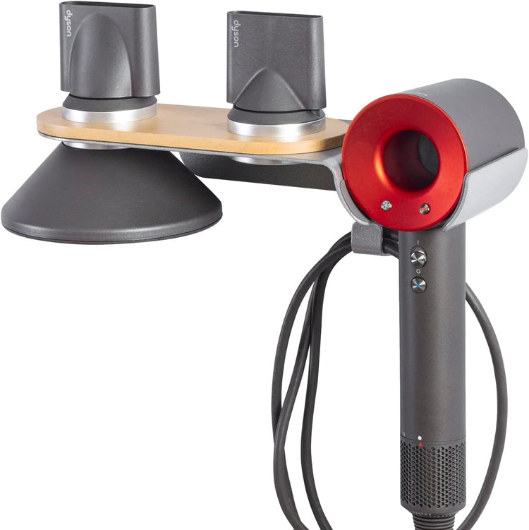 Wall Mounted Storage Holder for Dyson Hair Dryer and Accessories, Beech Wood and Aluminum Hair Dryer Tool Rack-MyGift
