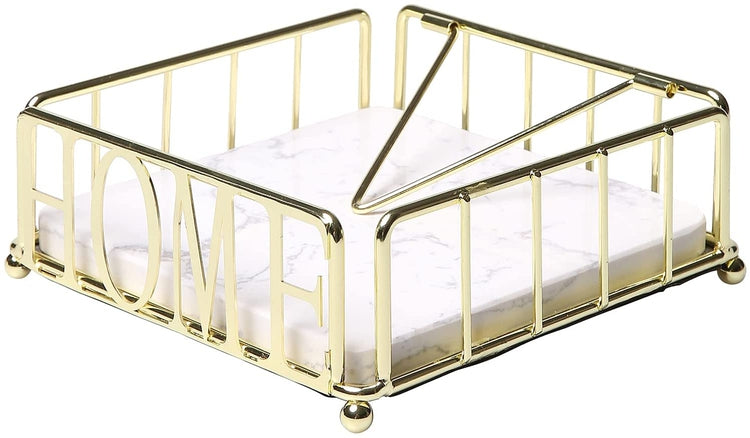 Brass Tone Metal Wire Napkin Holder with White Marble Pattern Base and Cutout "HOME" Letters-MyGift