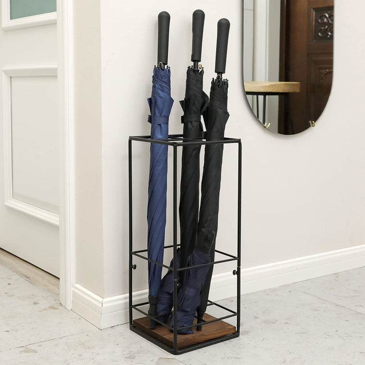 Black Metal and Burnt Brown Wood Freestanding Large Umbrella Holder Stand Storage Rack-MyGift