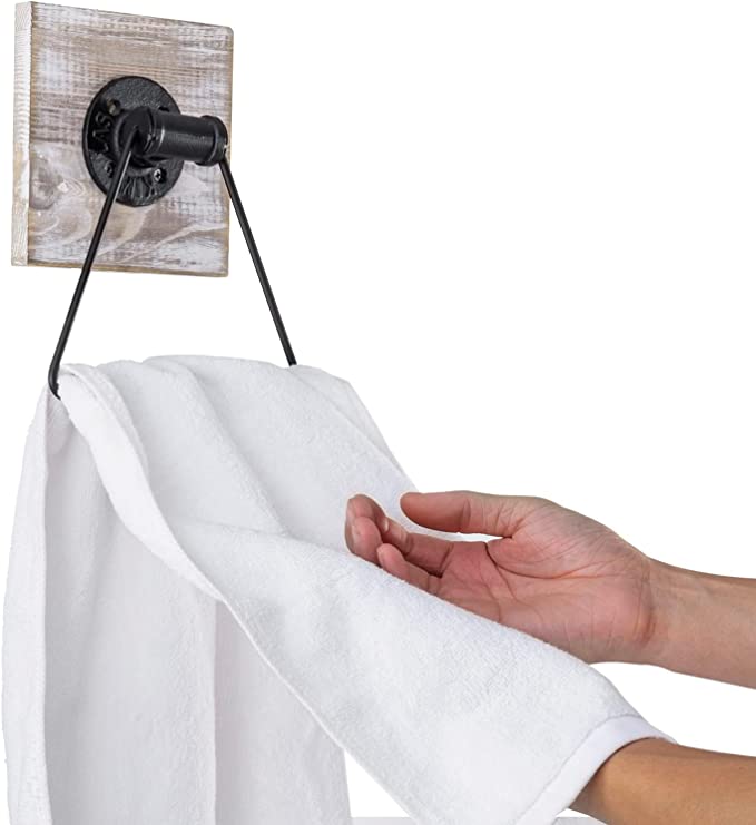 Shabby Whitewashed Wood and Matte Black Metal Triangular Hand Towel Ring for Bathroom-MyGift