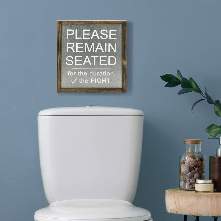 Funny Bathroom Sign Galvanized Silver Metal with Distressed Wood Frame, Toilet Novelty Wall Hanging Décor-MyGift