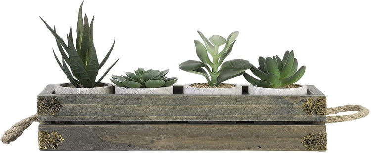 Artificial Plant Set, Mini Assorted Faux Succulent in Concrete Planters with Gray Wood Crate Window Box and Rope Handles-MyGift