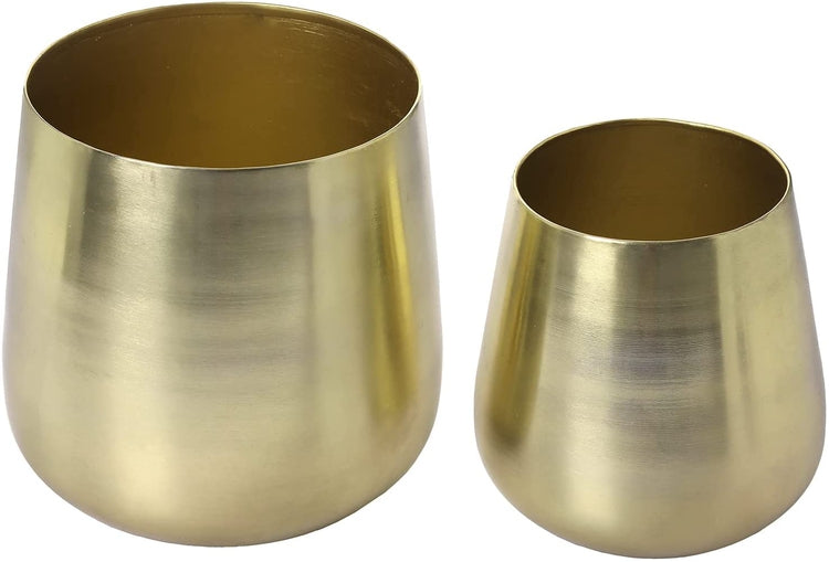 Set of 2, Flower Vase Brass Tone Brushed Metal Tapered Cylindrical Planter, Decorative Indoor Plant Pot-MyGift