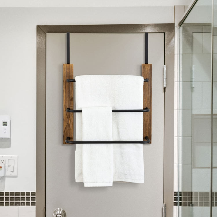 3 Tier Hanging Towel Bar, Bathroom Wood and Matte Black Metal Over The Door Towel Rack-MyGift