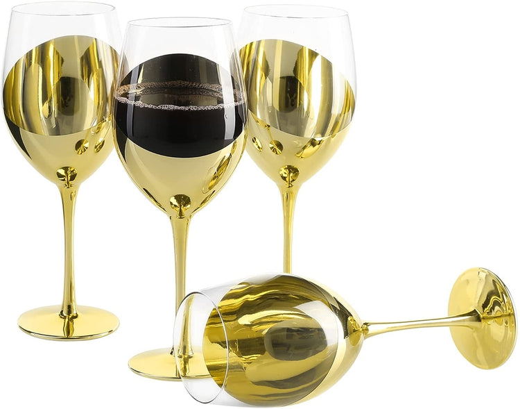 Set of 4, 14 oz Modern Tilted Design Brass Stemmed Wine Glasses-MyGift