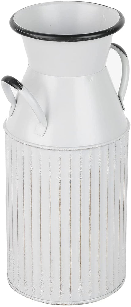 Artificial White Rose Fake Flowers Bouquet with Farmhouse Vintage White Metal Milk Jug Vase-MyGift