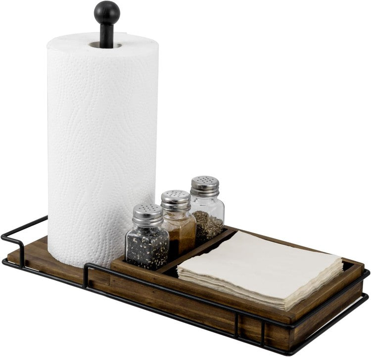 Kitchen and Dining Combo Caddy, Black Metal Paper Towel Roll Dispenser Stand, Napkin Holder, Spice Rack with 3 Shakers-MyGift